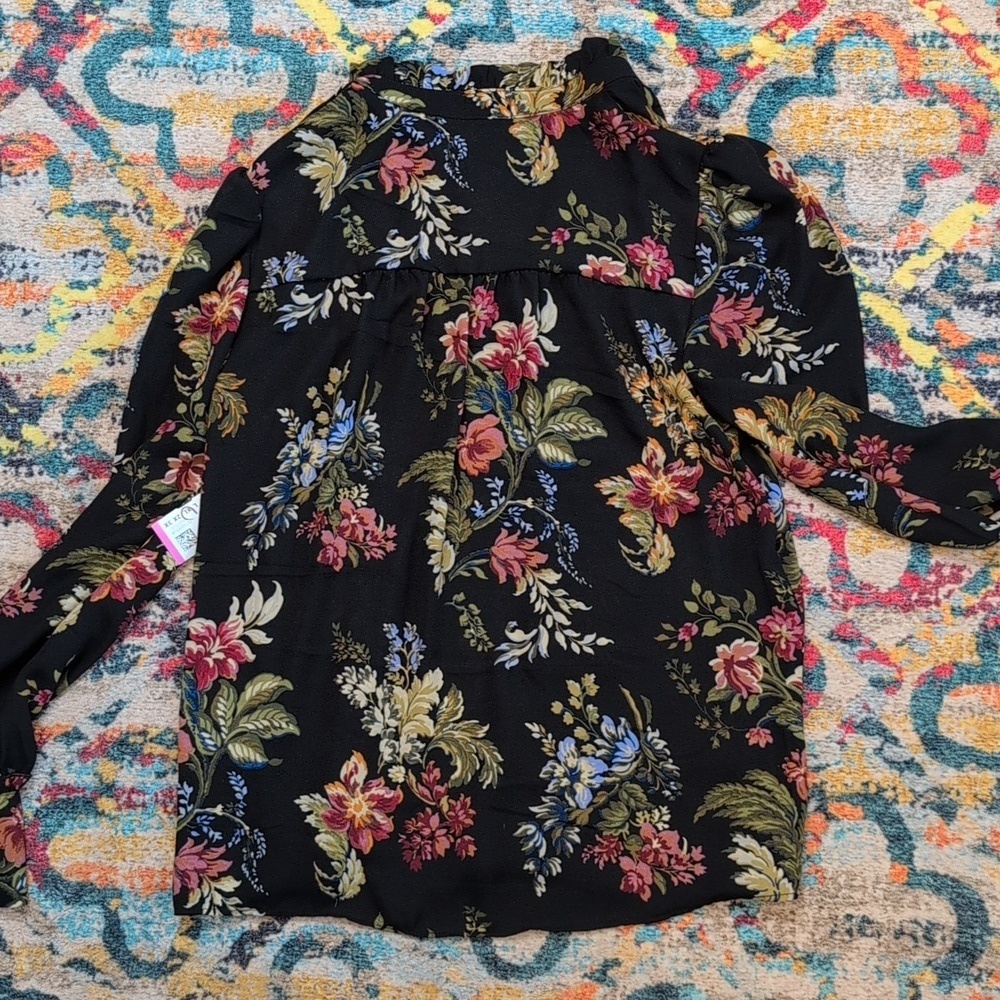 Tahari floral long sleeve blouse black multicolor XS NWOT - Picture 5 of 5